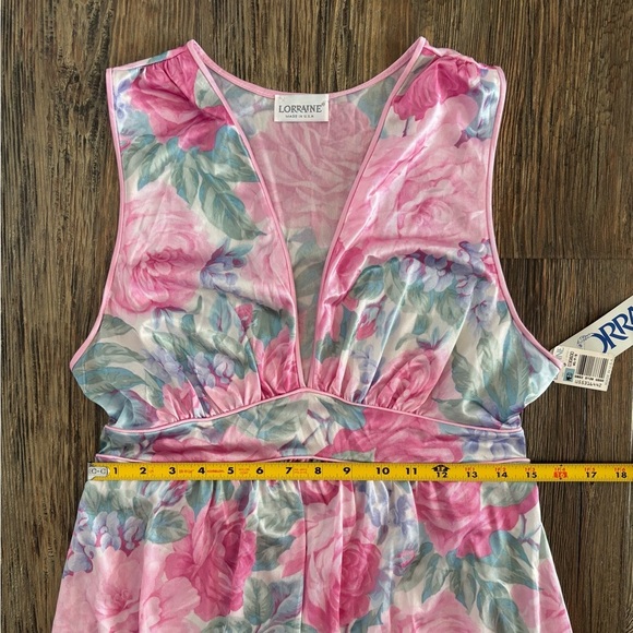 Vtg Lorraine Empire Waist Plunge Neck Maxi Nightgown Slip Dress Sz M Pink Floral - Picture 5 of 13